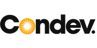Condev logo with a stylized orange circular sunburst design inside the letter o and black text on a transparent background