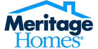 Meritage Homes logo with blue house roof graphic and company name in dark and light blue text