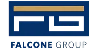 Falcone Group logo featuring stylized blue and gold geometric shapes with company name below.