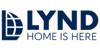 LYND logo with a stylized window and the tagline Home Is Here in blue on a transparent background