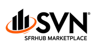 SVN SFRHub Marketplace logo with stylized black buildings and an orange swoosh on a transparent background