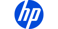HP logo with black lowercase letters inside a solid blue circle background