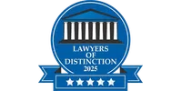 Blue badge with courthouse pillars and five stars labeled Lawyers of Distinction 2025 award.