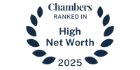 Chambers ranked in High Net Worth 2025 badge with laurel wreath design in dark blue.