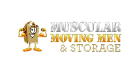 Muscular Moving Men & Storage logo featuring a flexing cartoon moving box with bold silver and gold text on black.