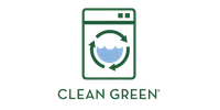 Clean Green logo featuring a washing machine with recycling arrows and water inside representing eco-friendly laundry.