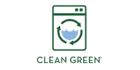 Clean Green logo with a washing machine and recycling arrows around blue water symbolizing eco-friendly cleaning.