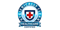 Blue badge with a red cross shield and text Hygienically Clean Healthcare Certified