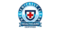 Blue circular badge with red cross and shield symbol labeled hygienically clean healthcare certified