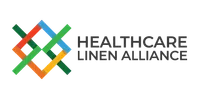 Colorful interwoven lines forming a pattern next to Healthcare Linen Alliance text logo