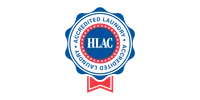 Blue and red badge with stars and ribbon labeled HLAC Accredited Laundry certification seal