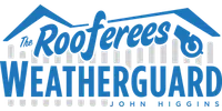 Blue logo for The Roofers Weatherguard with house roof outlines and a security camera icon above a fence.