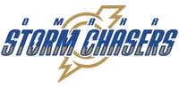 Omaha Storm Chasers logo with bold blue and gold lightning bolt design and stylized text