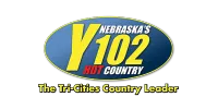 Y102 Nebraska's Hot Country radio logo with tagline The Tri-Cities Country Leader on black background