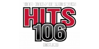 Logo of HITS 106 Tri-Cities top hit music radio station with website kqky.com on black background