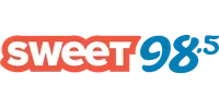 Sweet 98.5 radio station logo with bold white and blue text on a red background