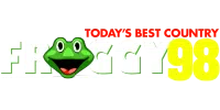 Froggy 98 logo with a bright green frog face and bold white and yellow text promoting best country music.