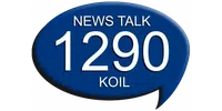 Blue speech bubble logo with white text News Talk 1290 KOIL radio station branding