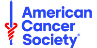 American Cancer Society logo with blue text and red ribbon wrapped around a sword graphic