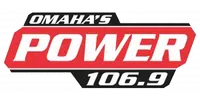Omaha's Power 106.9 radio station logo in red, white, and black colors with bold lettering.