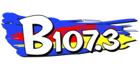 B 107.3 logo with bold white text and blue, red, and yellow brushstroke background.
