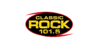 Classic Rock 101.5 radio station logo with distressed yellow text and red oval outline on black background