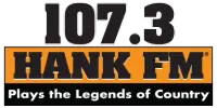 Logo for 107.3 HANK FM radio station playing the legends of country music with bold black and orange text.