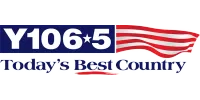 Y106.5 radio station logo with blue text and red and white waving flag, slogan Today's Best Country below.