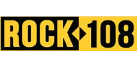 Bold yellow and black rectangular logo featuring the text ROCK 108 split by color blocks.