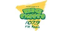 Logo for Wisconsin's Big Cheese 107.9 FM Radio with green text over a yellow cheese wedge graphic.