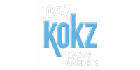 Radio station 105.7 KOKZ logo with blue letters and tagline Iowa's Classic Hits on black background