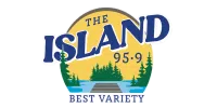 Logo of The Island 95.9 radio station featuring trees, water, and dock under a yellow sky with text Best Variety.