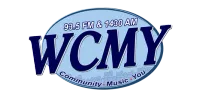WCMY radio logo with frequencies 93.5 FM and 1430 AM on a blue oval background with community and music text.