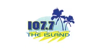 107.7 The Island logo with palm trees and colorful waves symbolizing a tropical radio station.