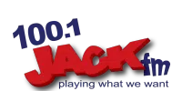 100.1 JACK fm radio logo with bold red and blue text and slogan playing what we want on black background
