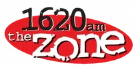 1620 AM The Zone radio station logo with red oval background and black and white text.