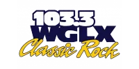 103.3 WGLX Classic Rock radio station logo with bold text in navy blue and yellow script.