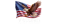 Bald eagle flying in front of waving American flag with text Veteran Owned Business.