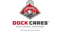 Logo of Dock Cares featuring a boat in a covered dock with mountains and sun, highlighting sales, service, and monitoring.
