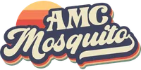 Retro style AMC Mosquito logo with layered orange and teal shadows and a sunset background.