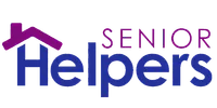 Senior Helpers logo with purple house icon integrated into blue text for senior care services.