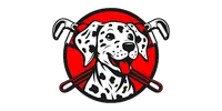 A playful Dalmatian dog wearing a red background, with golf clubs crossed behind its head, promoting a fun golf theme.