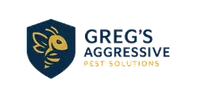 Logo for Greg's Aggressive Pest Solutions featuring a stylized yellow bee on a blue shield with text.