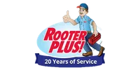 Rooter Plus logo featuring a handyman with toolbox, celebrating 20 years of service.