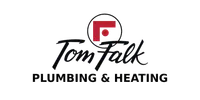 Tom Falk Plumbing & Heating logo featuring a red square and dot above stylized text on a transparent background