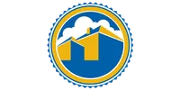 Circular emblem with stylized yellow and blue house shapes inside against a white cloud background