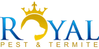 Royal Pest & Termite logo with a gold crown and dog silhouette integrated into blue lettering.