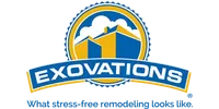 Blue and yellow Exovations logo with houses and tagline about stress-free remodeling under a clouded sky.