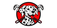 Cartoon Dalmatian dog with a playful expression set against a bold red background with dog accessory elements.