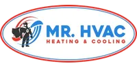 Mr. HVAC logo with heating and cooling icons and text in blue and red within an oval frame